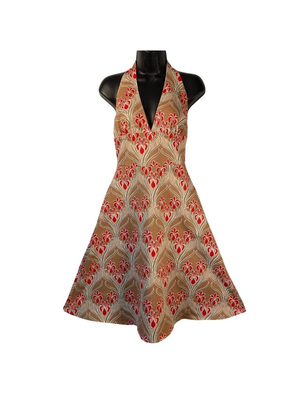 Eva Franco Vintage Hawaii Floral Damask Halter Dress Beige Size 8